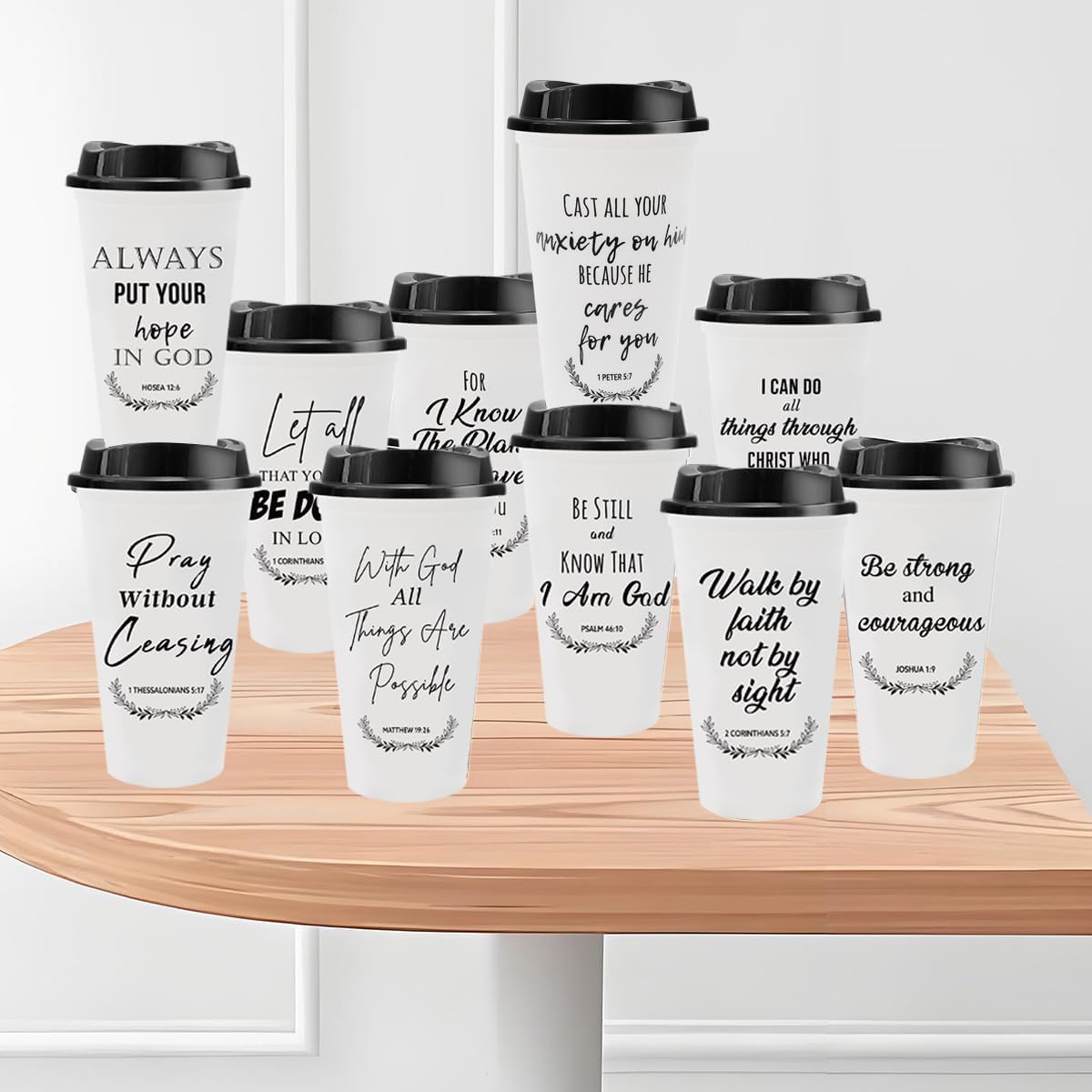 Paquete de 20 tazas cristianas reutilizables de 16 oz con versículo bíblico