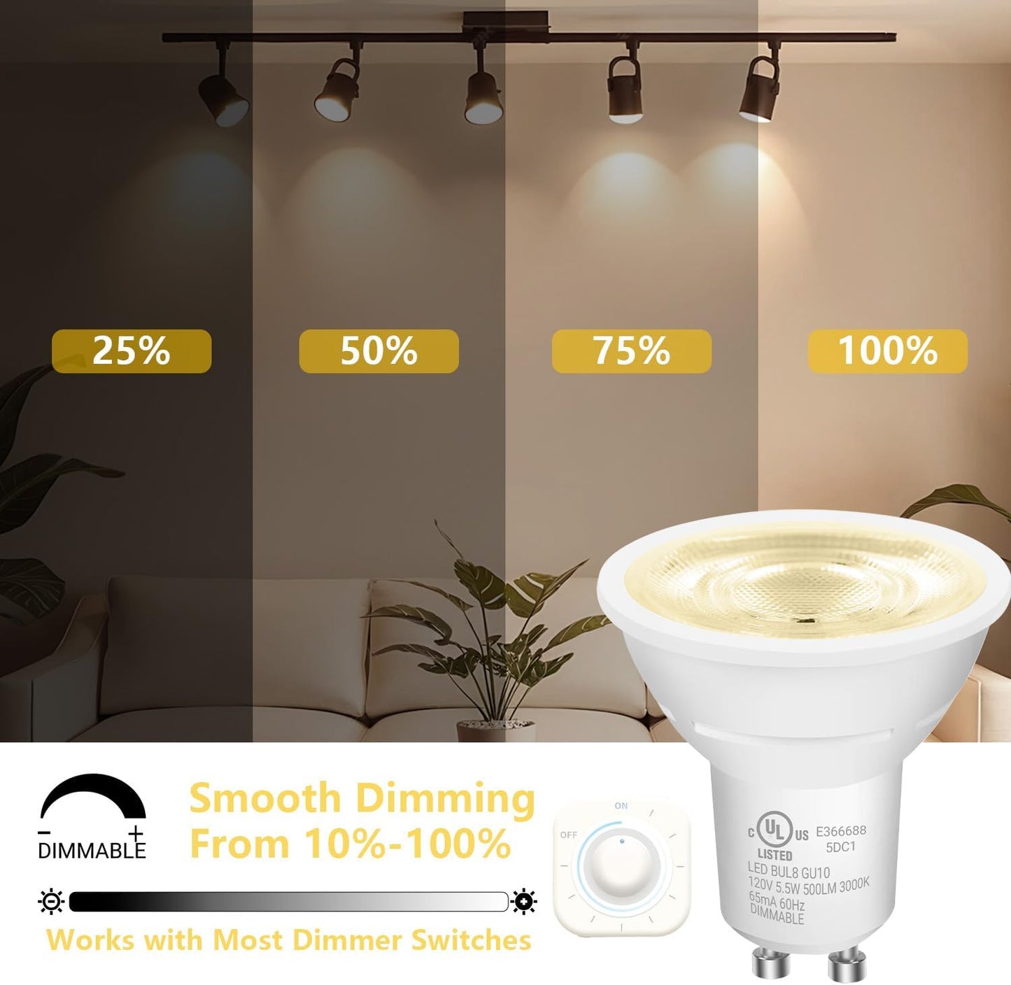 Bombilla LED GU10 regulable 500lm 3000K para cocina y campana