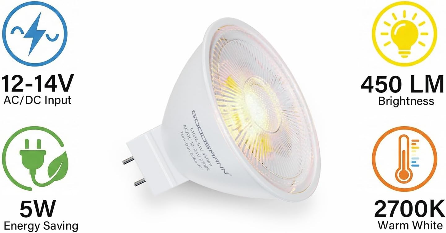 Set 12 Bombillas LED MR16 5W Blanco Cálido 12-24V