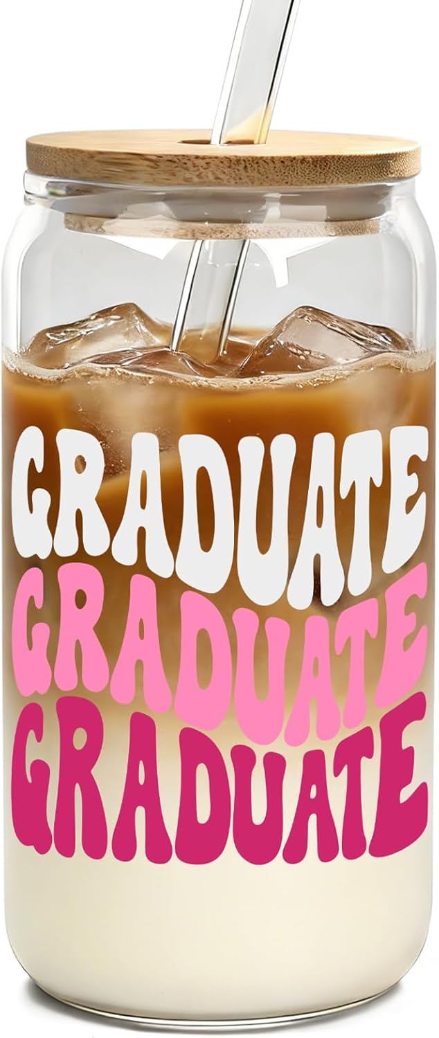 Taza de vidrio GRAD con tapa de bambú y popote, regalo de graduación 2026