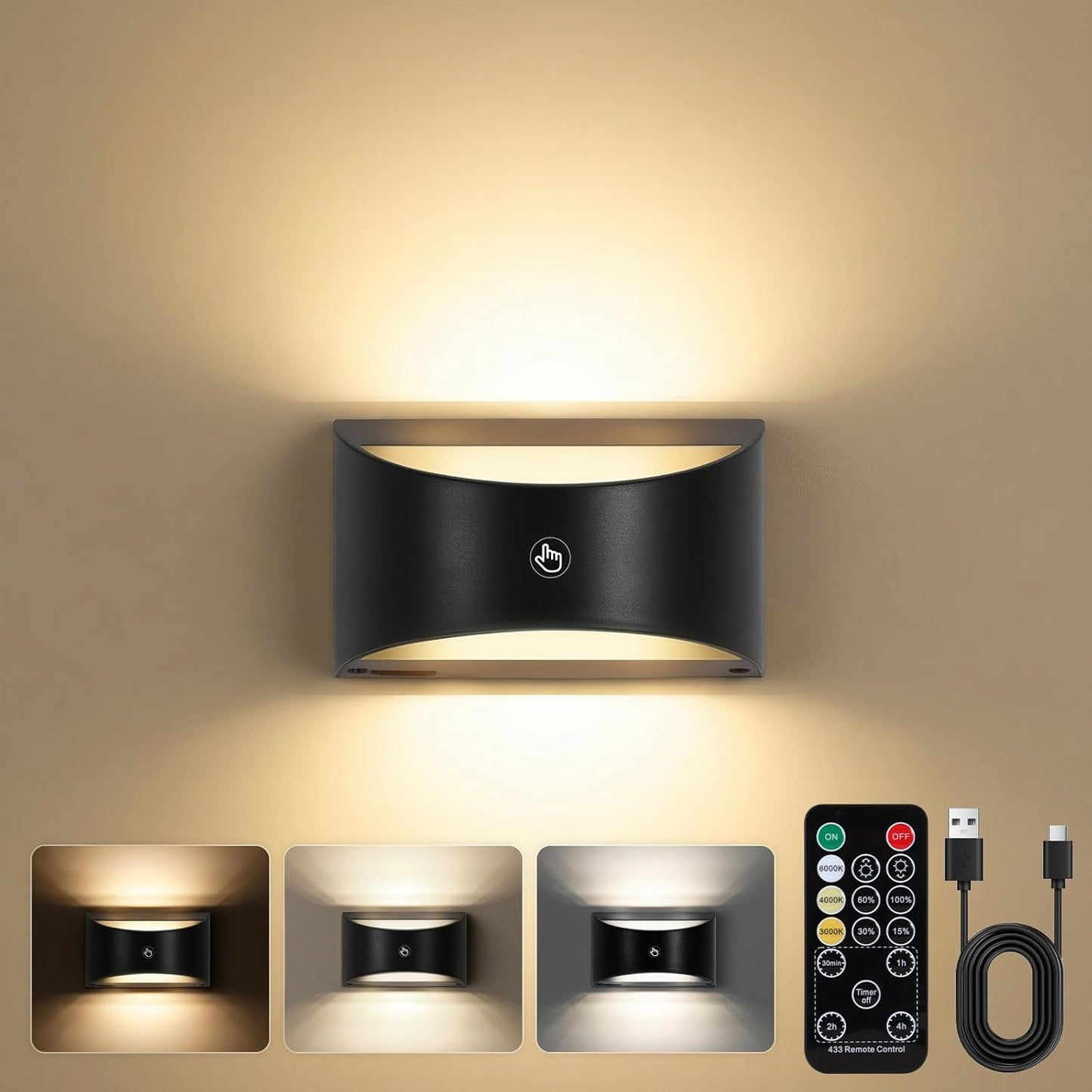 Aplique pared inalámbrico recargable con control remoto 3 colores