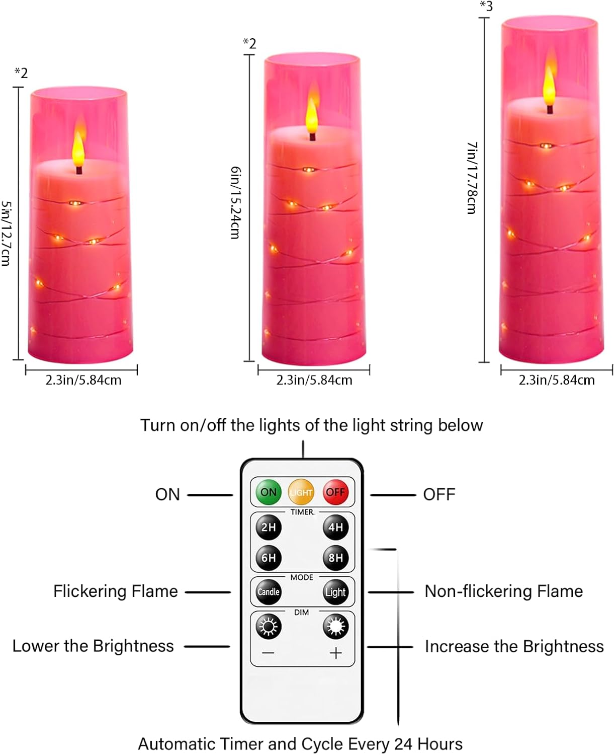 Velas LED parpadeantes con cuerda estrella 7 pzas rosa
