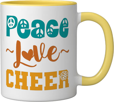 Taza cerámica para cheerleader con mensaje de paz y amor en amarillo/blanco