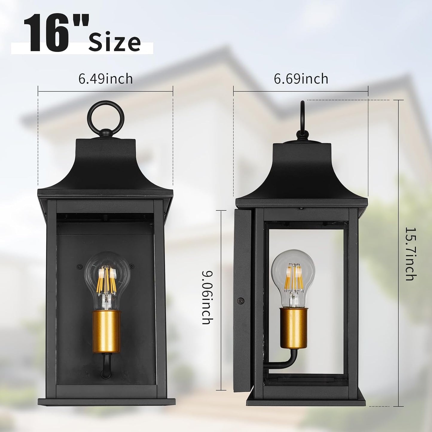 Farol pared exterior 16pulg aplique negro mate vidrio transparente