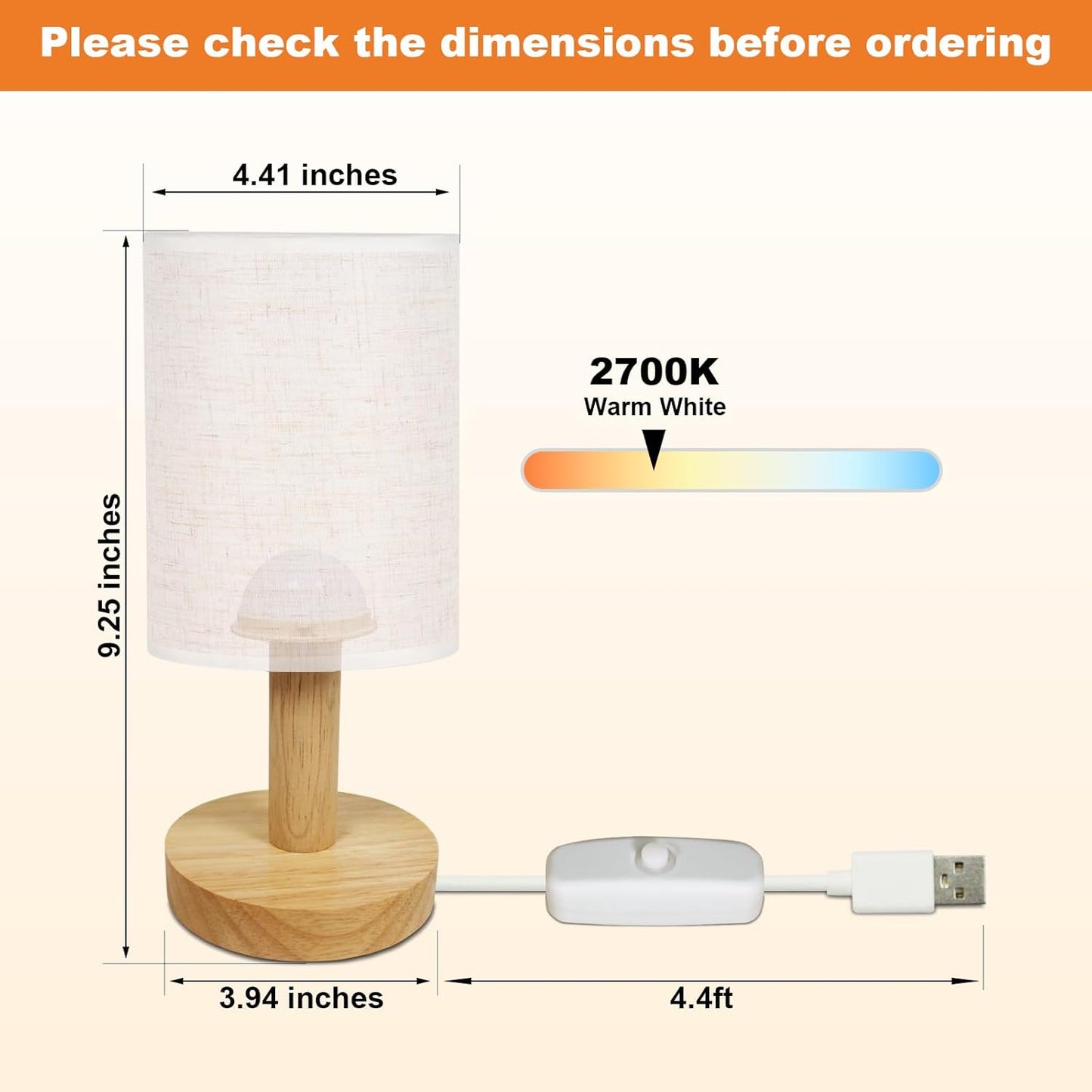 Lámpara mesita noche USB madera lino luz cálida 2700K