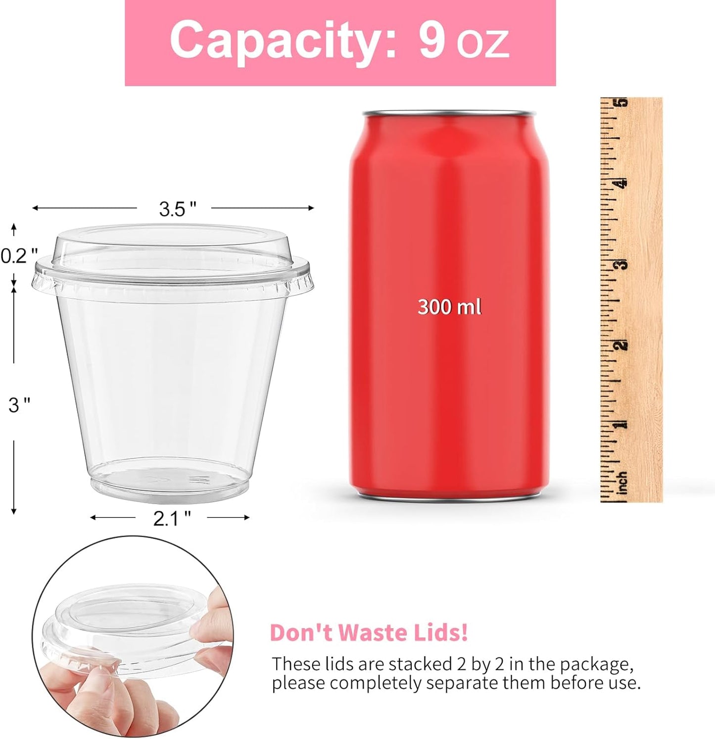 Paquete de 50 tazas de postre plástico transparente 9 oz con tapas altas