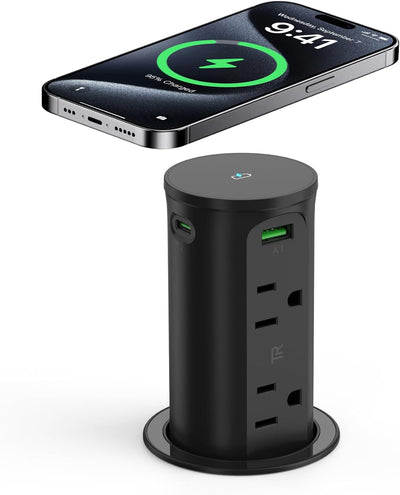 Toma corriente desplegable con carga inalámbrica 15W y USB GaN 65W
