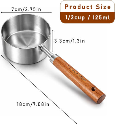 Taza medidora de 1/2 taza con cucharas de acero inoxidable y mango de madera
