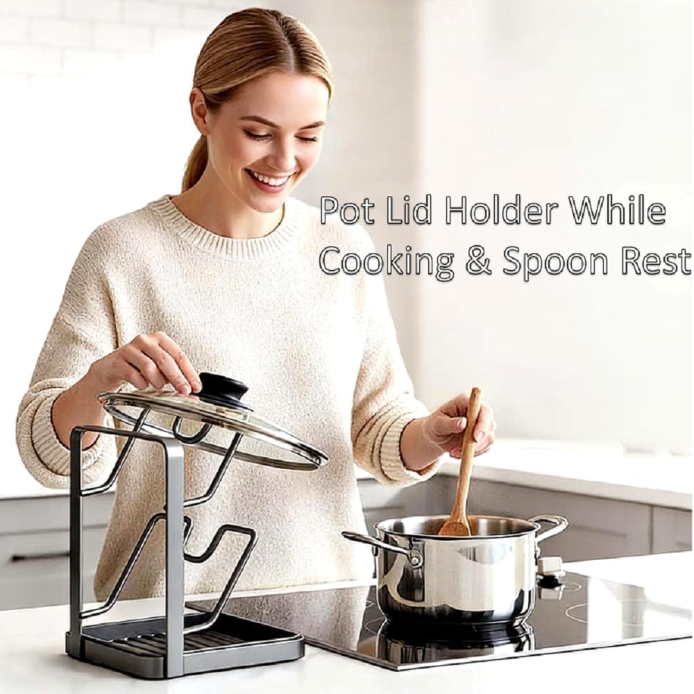 Estante soporte tapa olla cocina con bandeja goteo