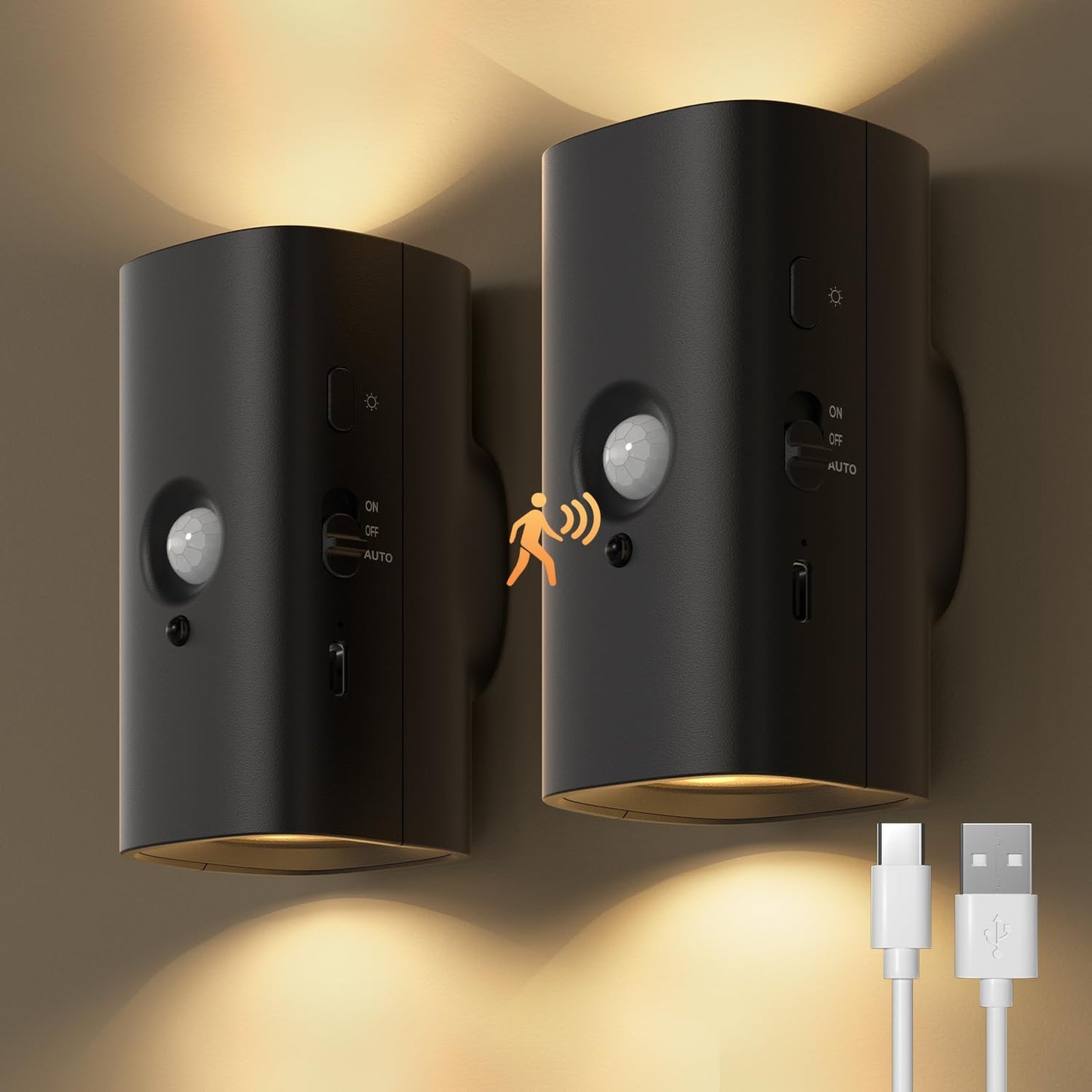 Luz nocturna recargable sensor movimiento blanca cálida pack 2