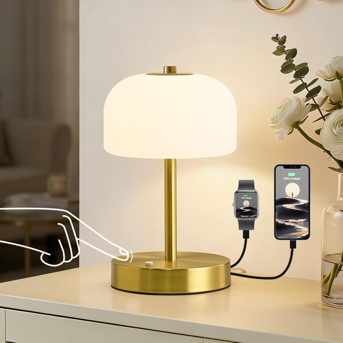 Lámpara Mesa Dorada Control Táctil 9pulg Puertos USB LED Regulable