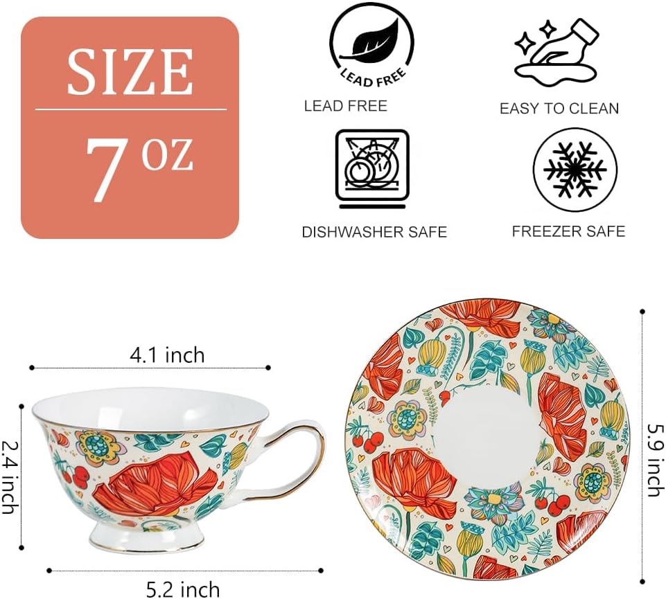 Taza cerámica 6.8oz con platillo flor roja para café té