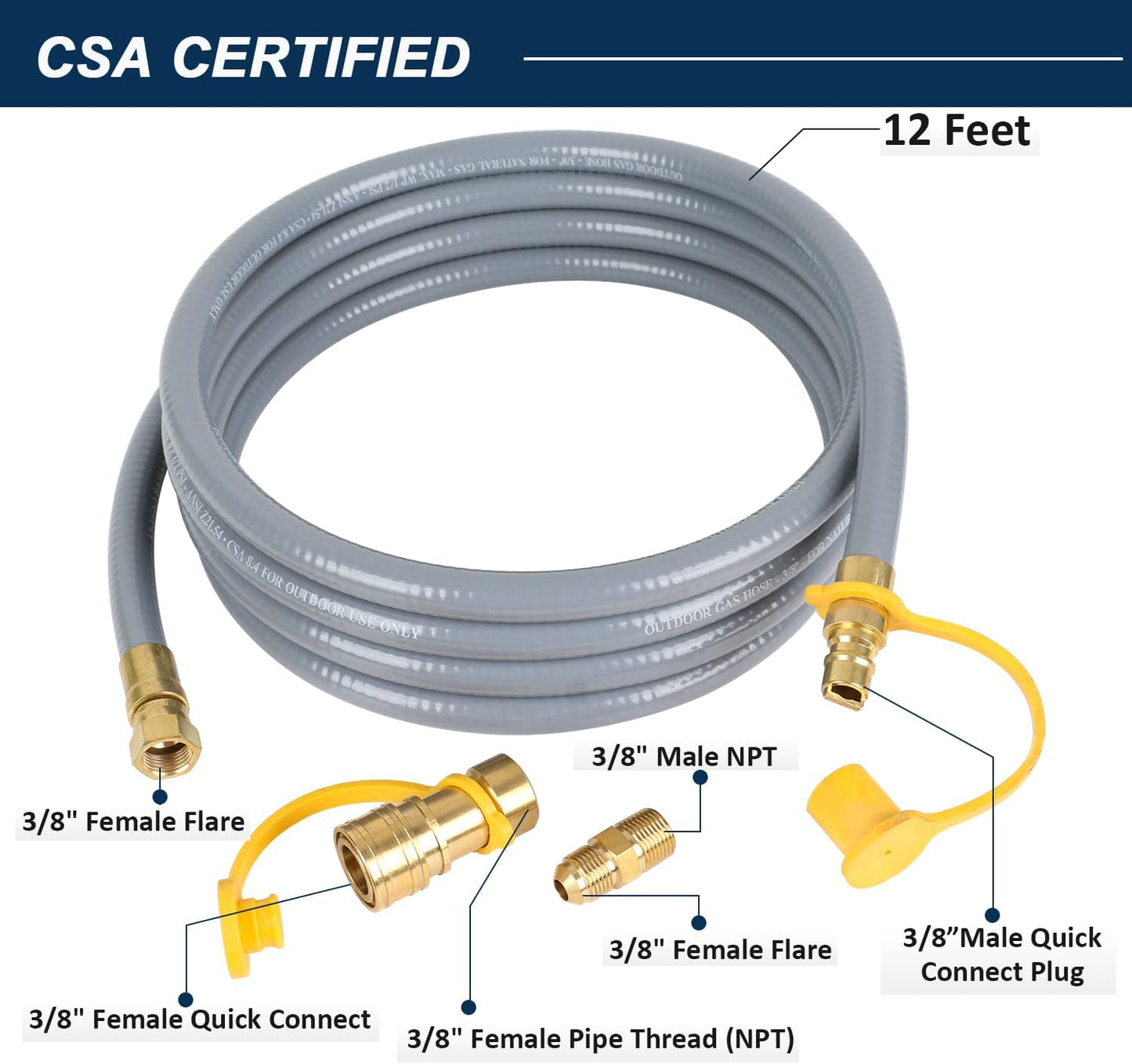 Manguera gas parrilla 3/8pulg con conexión rápida 12ft