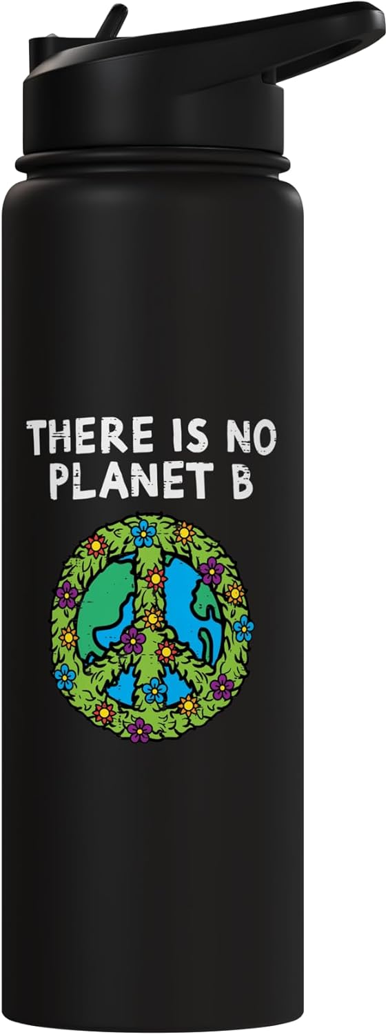 Botella agua acero inox con símbolo de paz flores Tierra