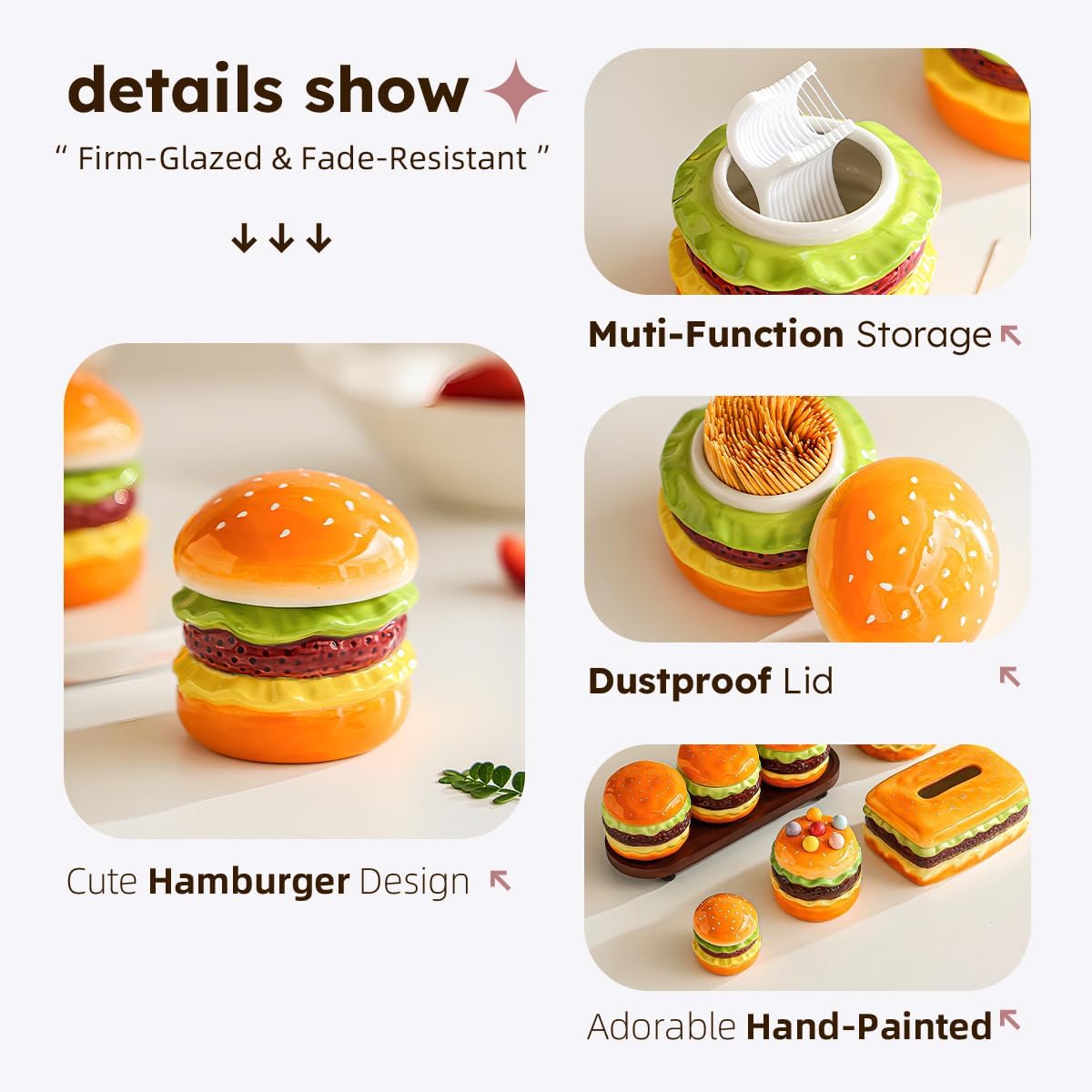 Soporte para palillos de dientes de hamburguesa con tapa de cerámica