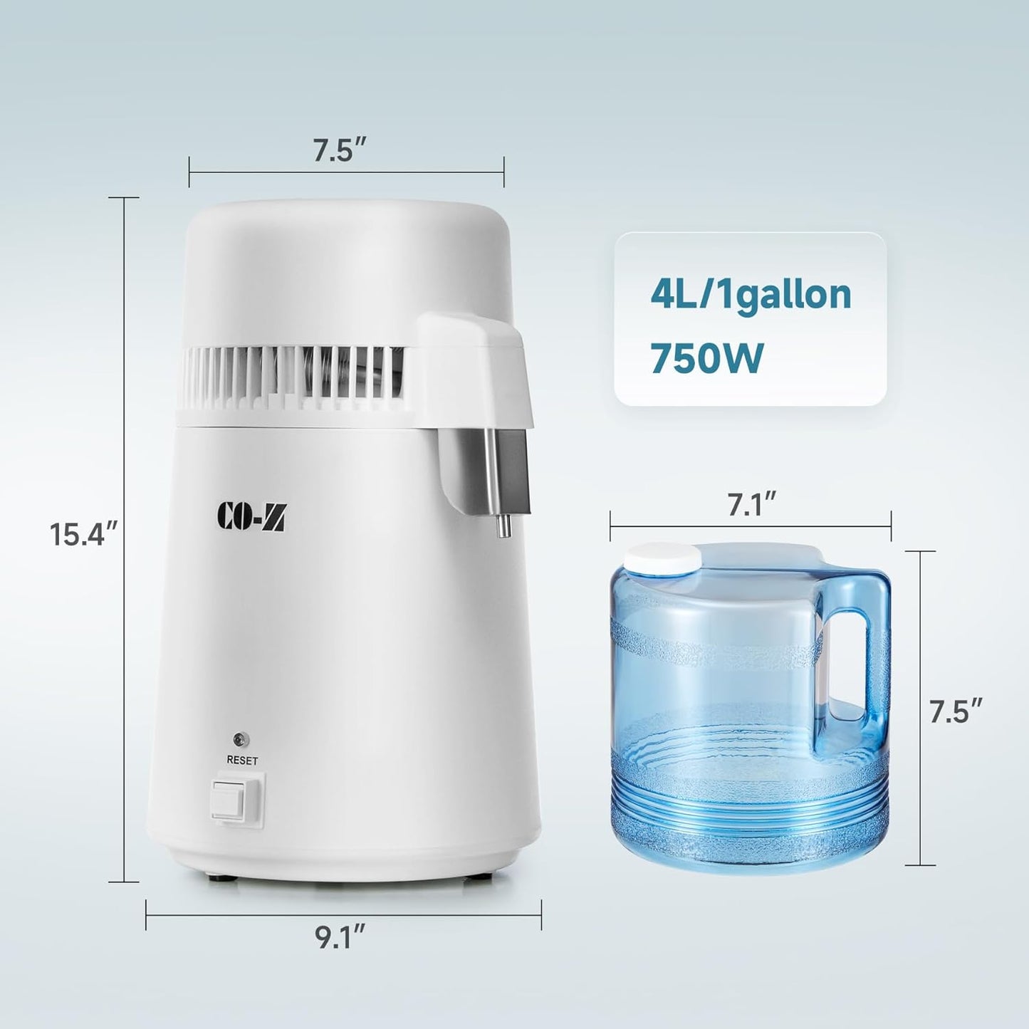 Destilador agua con jarra vidrio 4L y plástico 1.1gal