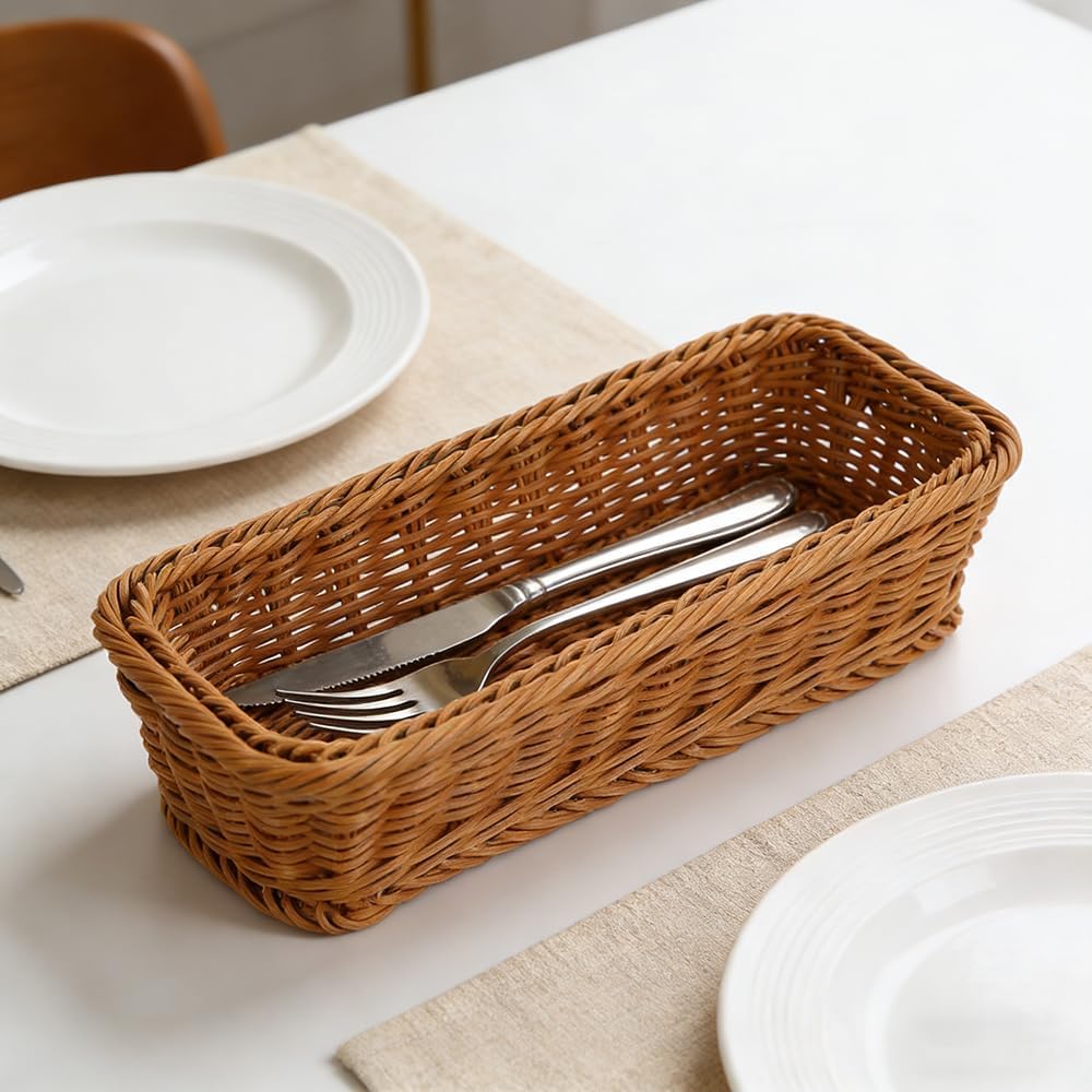 Cesta de pan y organizador de cubiertos de mimbre apilable