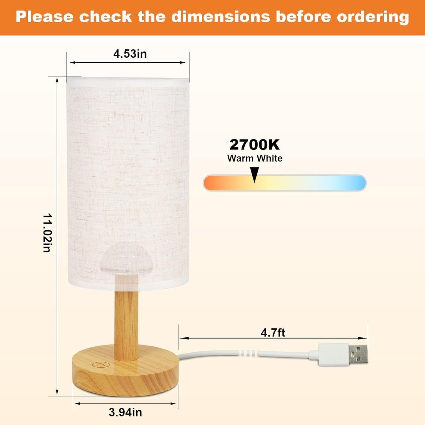 2 Lámparas táctiles USB madera lino luz cálida 2700K dormitorio