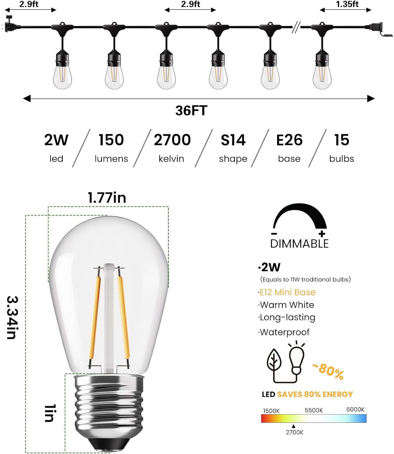 Guirnalda luces exteriores 36ft 13 bombillas Edison IP65