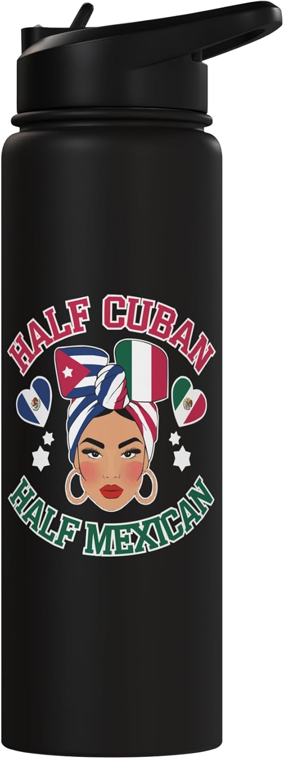 Botella de agua aislada de acero inoxidable con banderas de México y Cuba