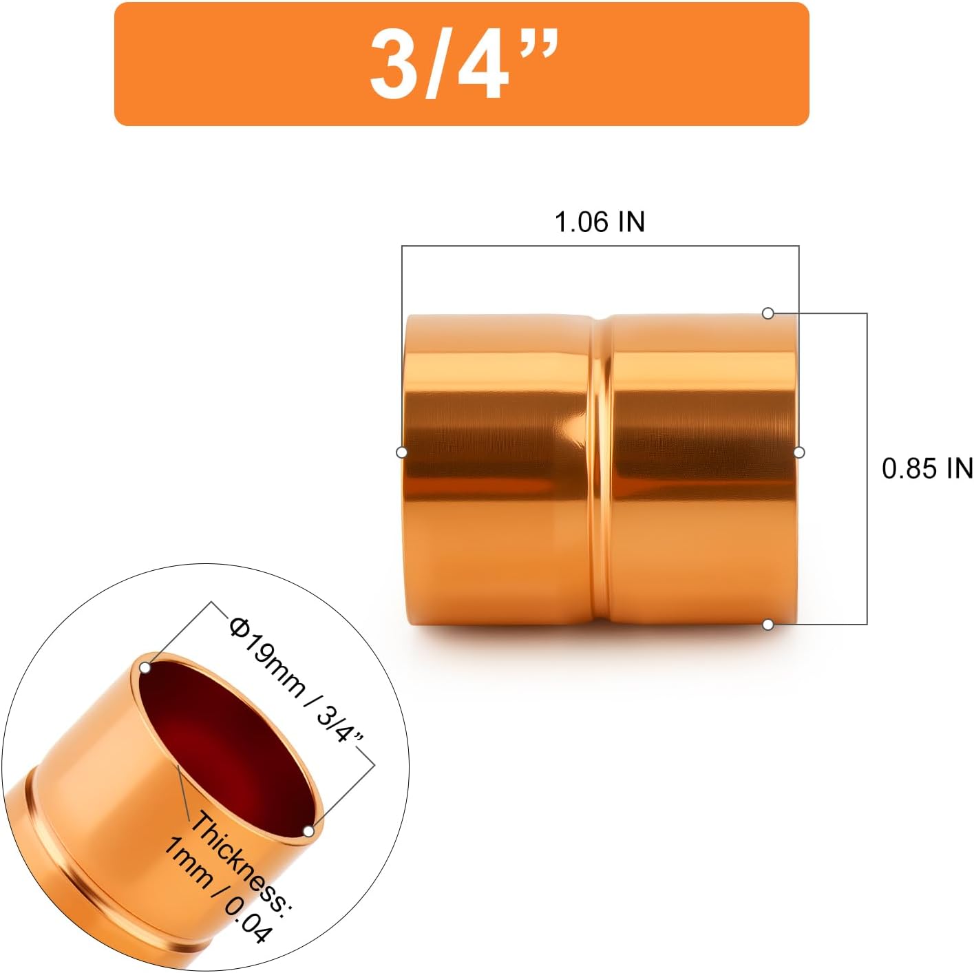 Acoplamiento cobre 3/4" recto con extremo sudor 3uds