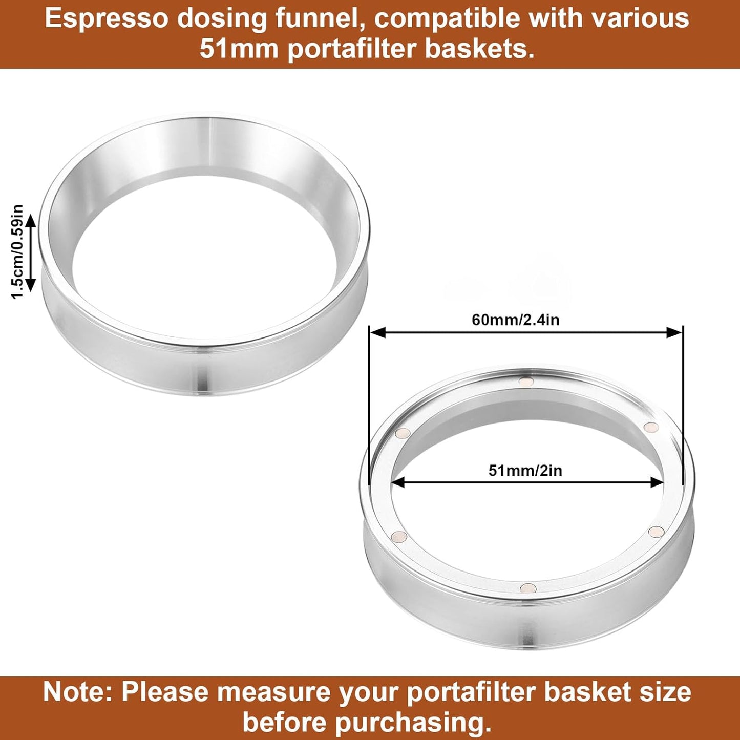 Embudo dosificador espresso acero inox con imán y cepillo