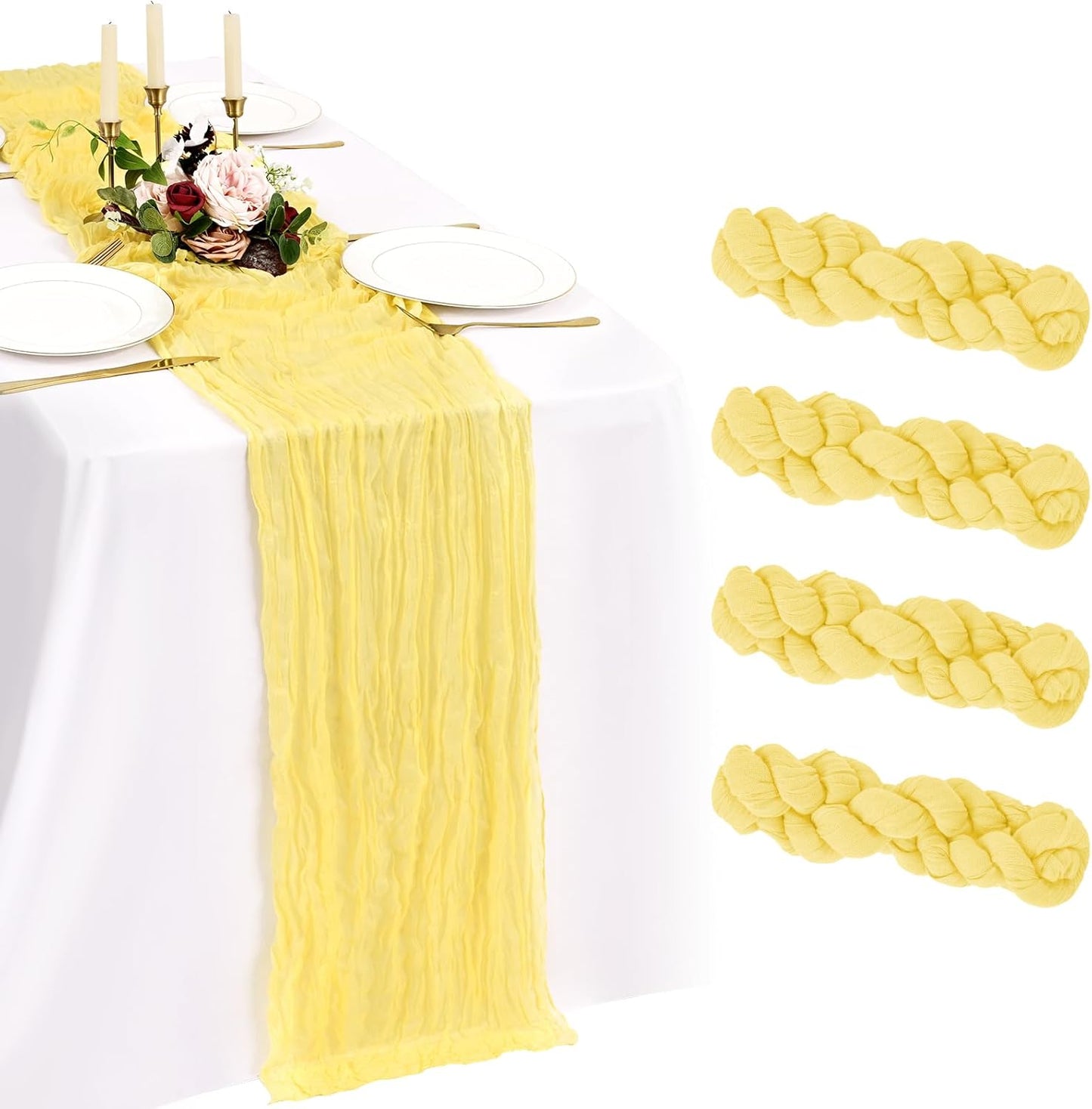 Paquete de 4 caminos de mesa de estopilla amarillo claro bohemio gasa queso decoracion mesa larga rústica