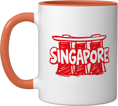 Taza cerámica souvenir viaje minimalista Singapur con parche naranja/blanco