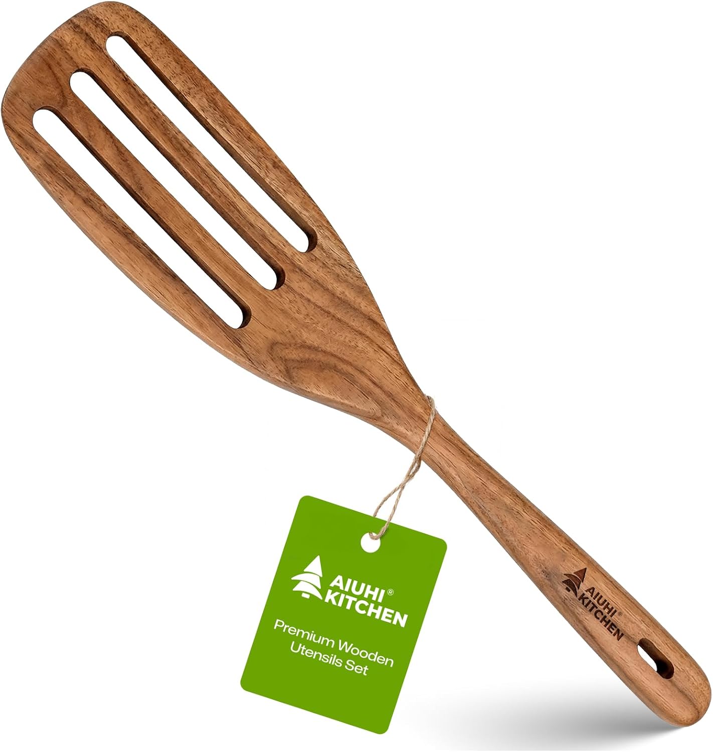Espátula ranurada de madera de teca con agarre cómodo
