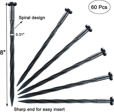 60 Estacas Plástico Negro 8pulg Puntiagudas Espiral para Jardín