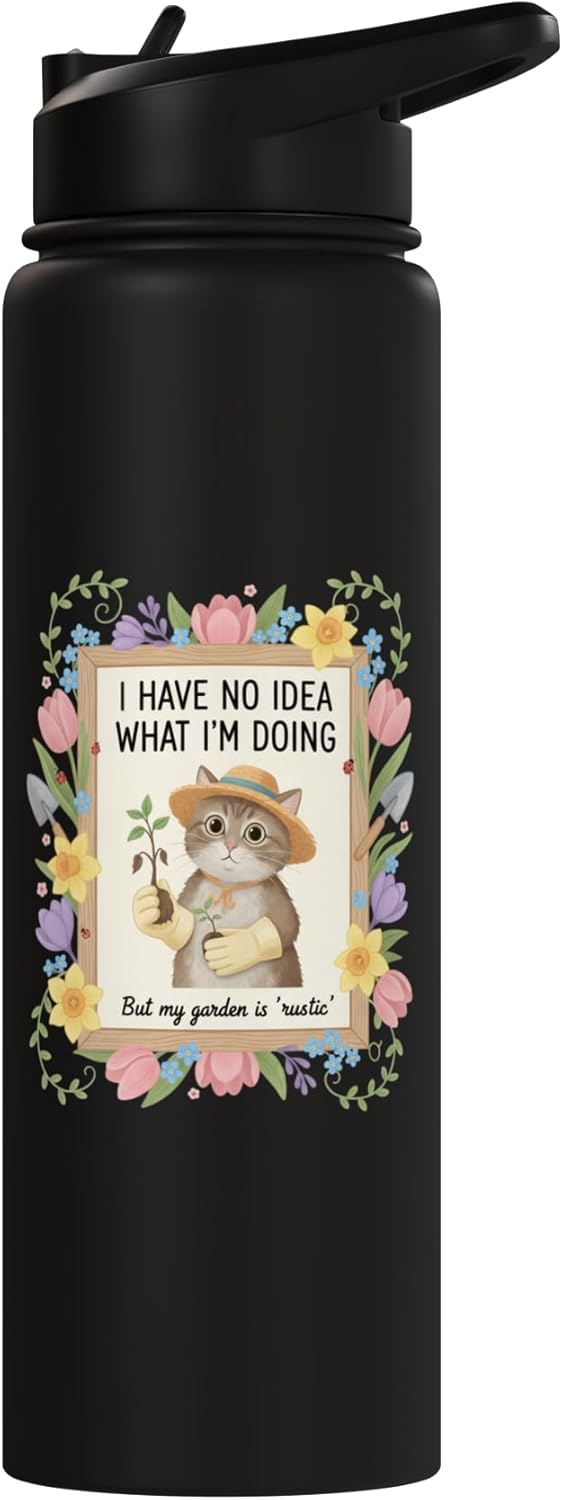 Botella agua acero inox con flores y gato