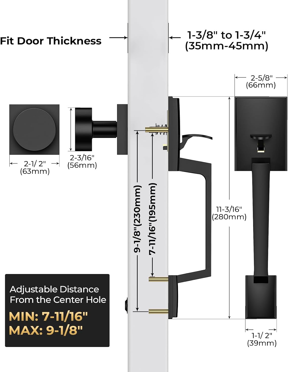 Manija puerta delantera negro mate perilla moderna ajustable