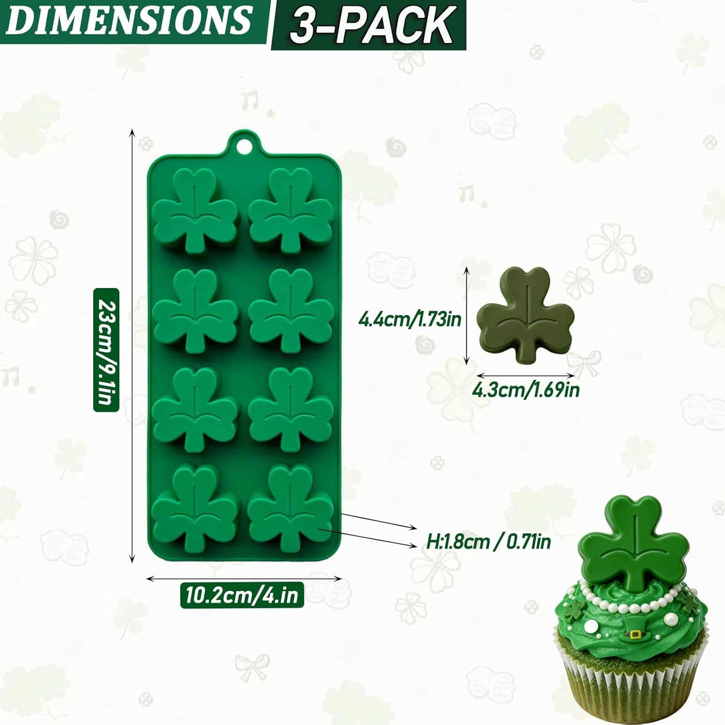 Paquete de 3 moldes de silicona de trébol de San Patricio para cubitos