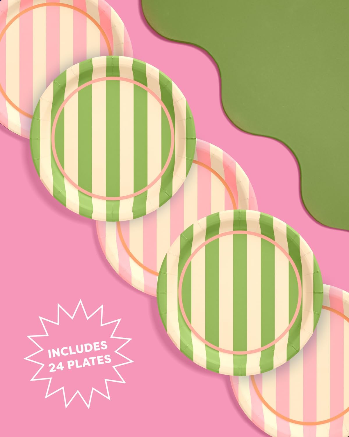 Platos de cabaña a rayas rosa y verde set 24