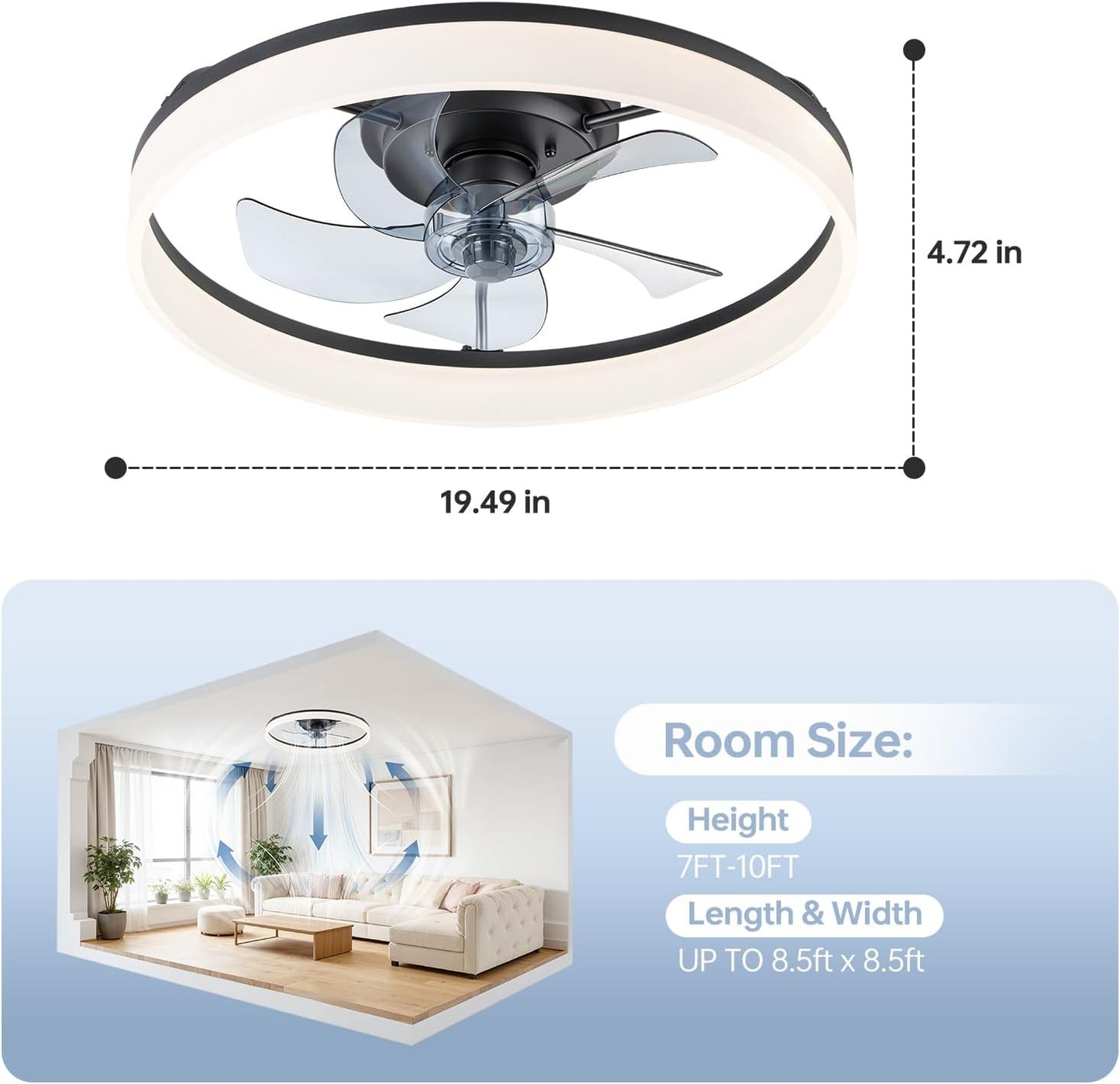 Ventilador techo 20pulg luz LED 6 vel control remoto