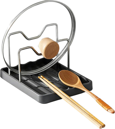 Soporte para tapa de olla y cuchara, organizador de encimera 2 en 1 con soporte de acero inoxidable y plástico