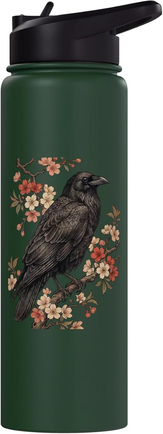 Botella de agua acero inoxidable vintage con flor y cuervo