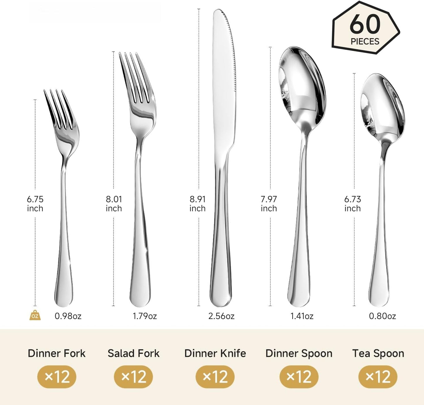 Juego de cubiertos HIKAA 60 piezas acero inoxidable 18/10 para 12