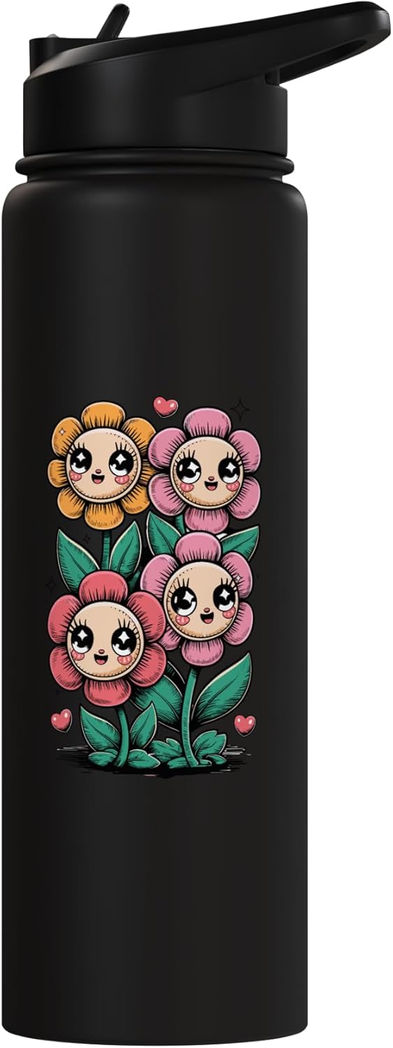 Botella de agua estilizada con flor feliz acero inoxidable