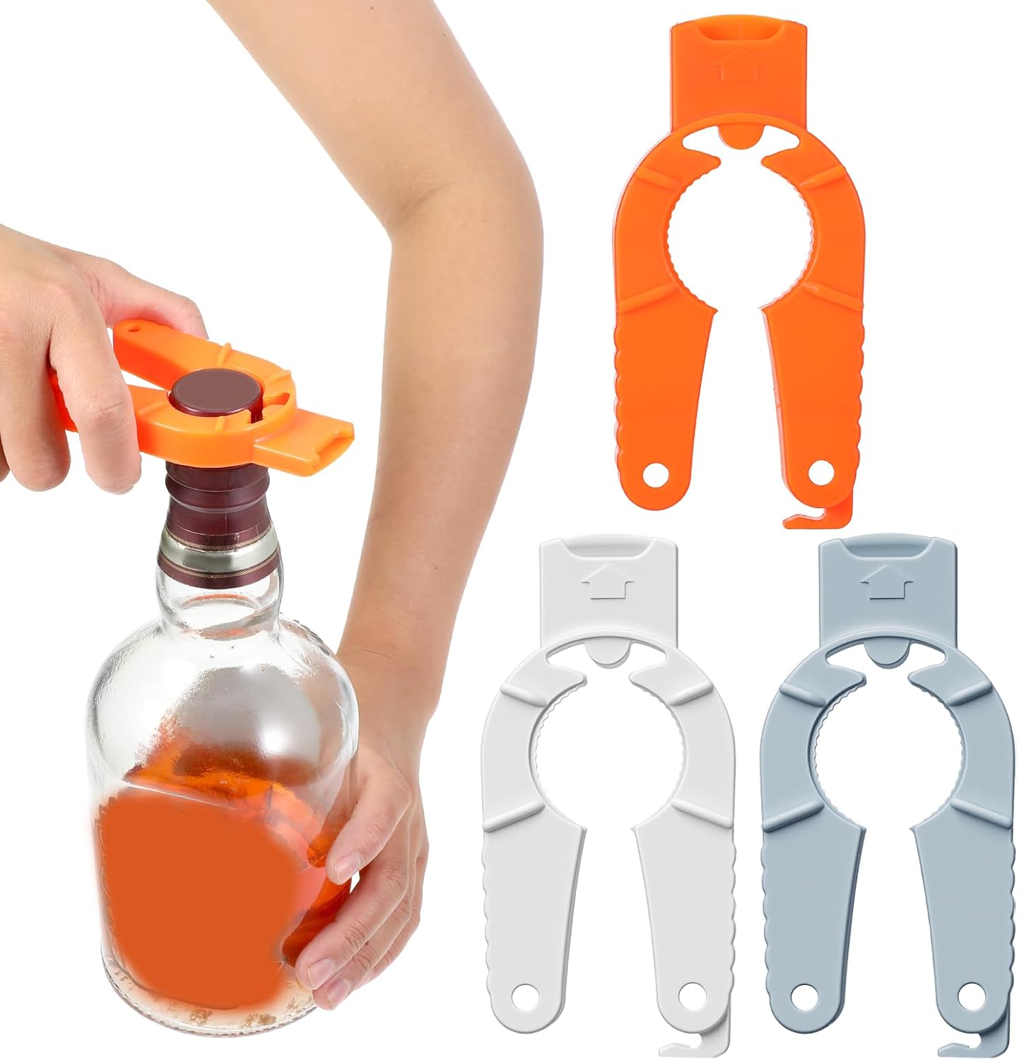 Abridor de tapas de botellas plástico 3 en 1 naranja blanco azul