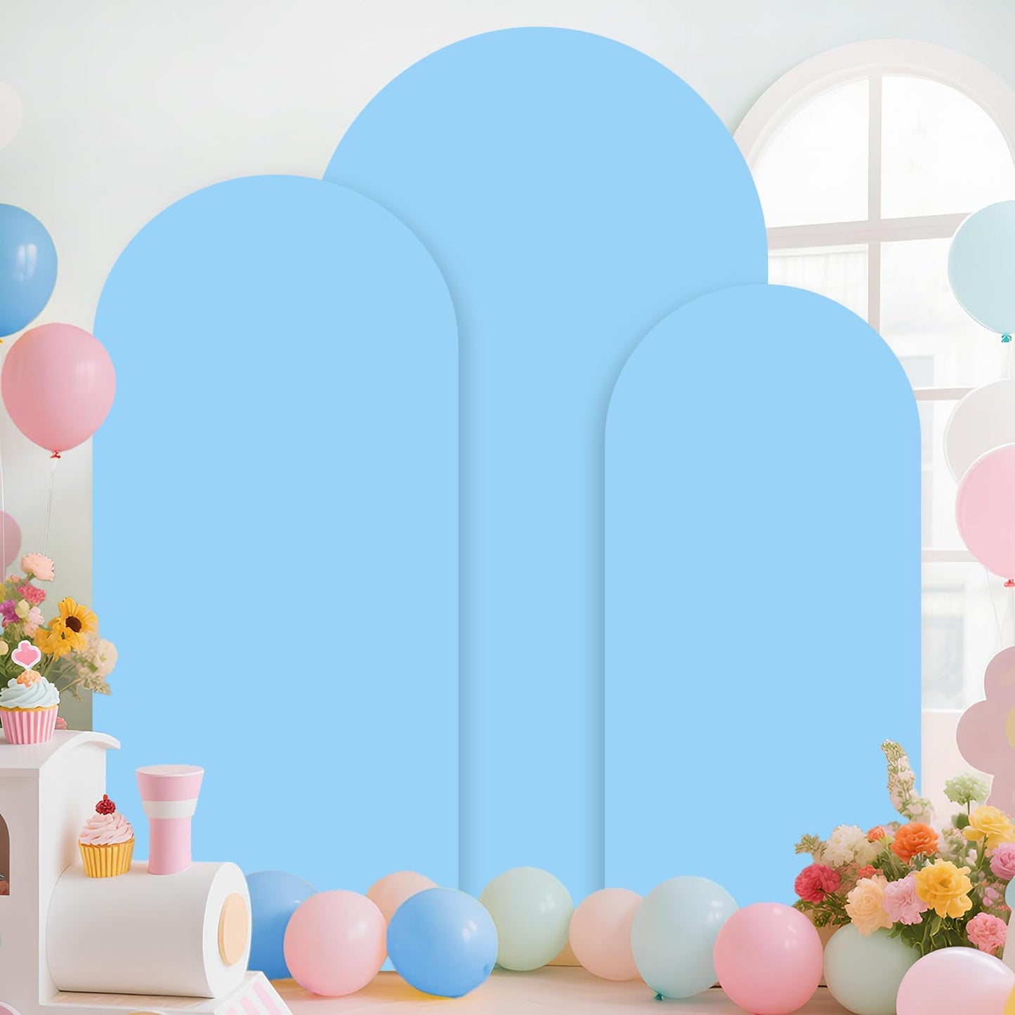 Soporte arco boda dorado cubierta azul bebé set 3