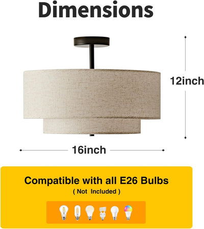 Lámpara techo 16pulg lino 3 luces dormitorio