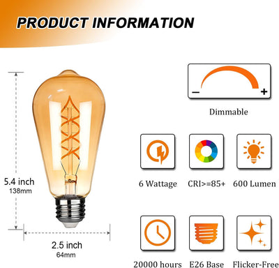 Bombilla LED ST64 E26 6 W vintage 2700 K filamento espiral
