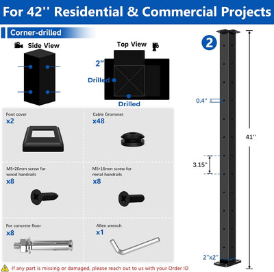 2 Postes Esquineros 42pulg Acero Inox SS316 Barandilla Cables