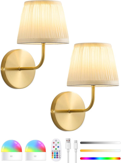 2 Apliques Pared LED Latón Dorado Control Remoto