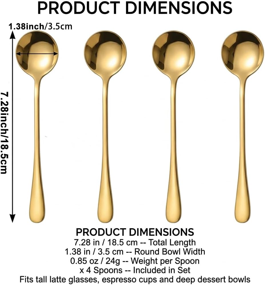 Cucharas de café expreso de mango largo 7.28 pulgadas acero inoxidable dorado