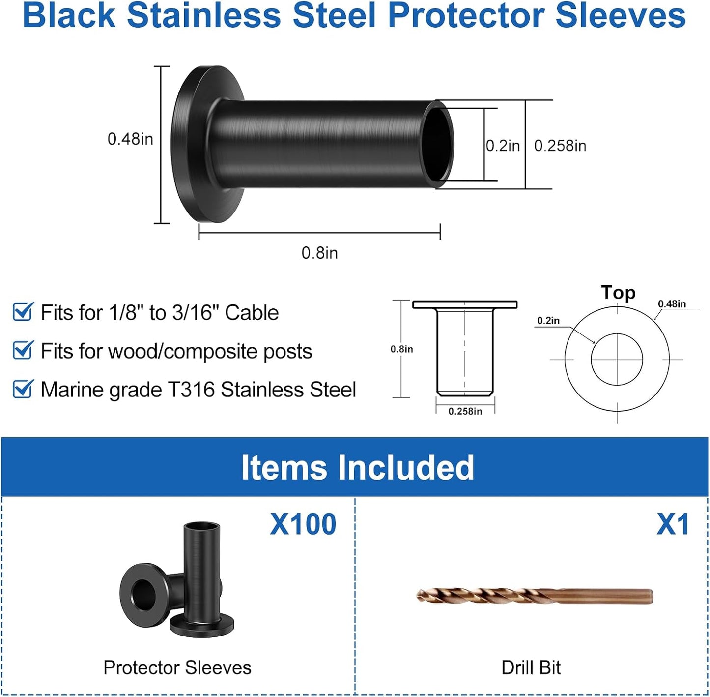 100 Fundas Acero para Barandillas Cable 1/8-3/16pulg