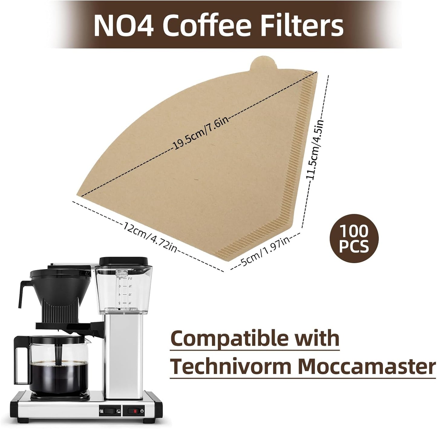 100 filtros de café #4 compatibles Technivorm Moccamaster sin blanquear con cono