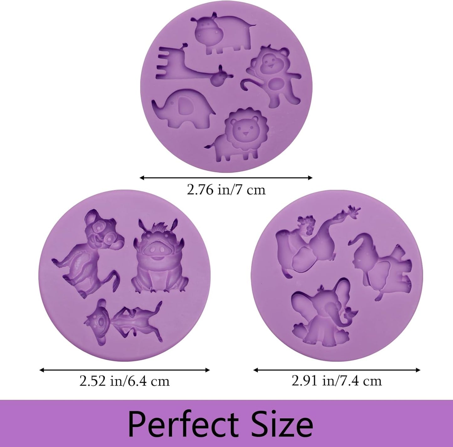Moldes de silicona de animales para decorar pasteles morado paquete de 3 safari elefante león jirafa mono