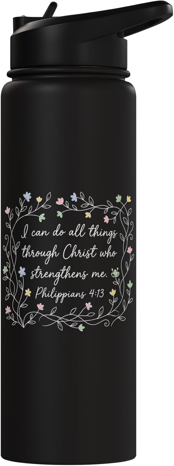 Botella de agua acero inoxidable aislada con flores y fe cristiana